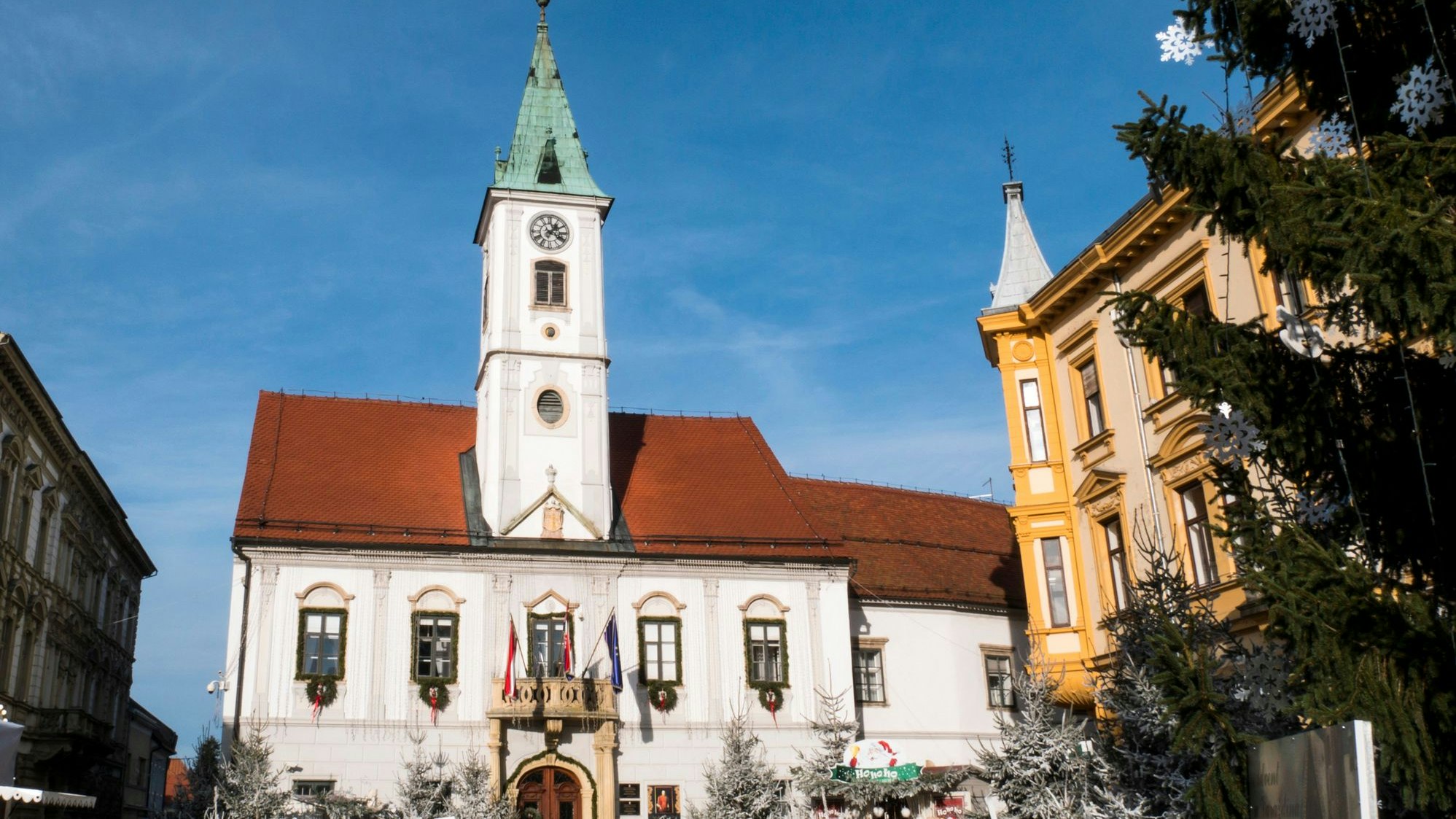 Korso in Varazdin during the Advent 2019, Croatia. A look at the main town hall.