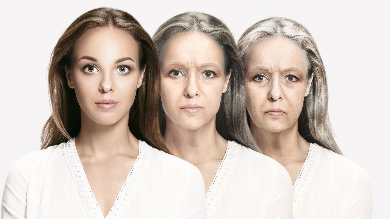 Comparison. Portrait of beautiful woman with problem and clean skin, aging and youth concept, beauty treatment and lifting. Before and after concept. Youth, old age. Process of aging and rejuvenation