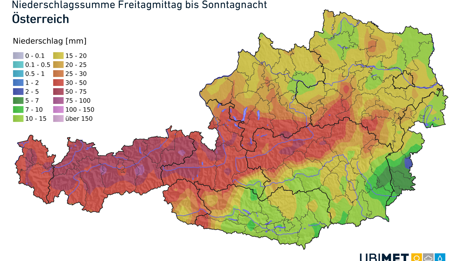 Niederschlagssumme von Freitagmittag bis Sonntagnacht.