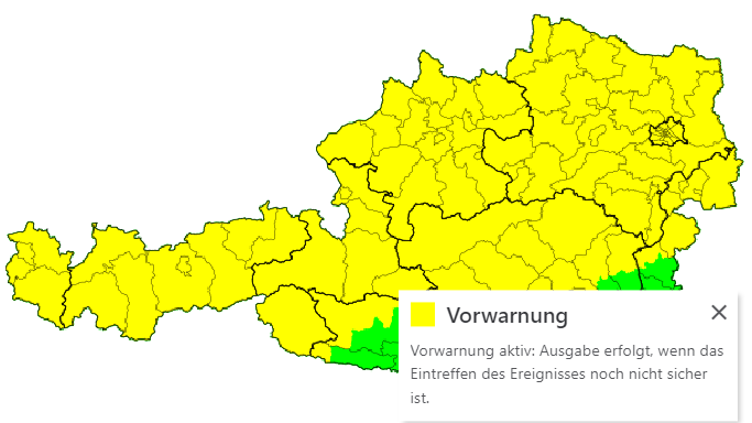 Die aktuelle UWZ-Warnkarte. Beinahe im ganzen Land gilt eine Vorwarnung wegen drohender Hagelgewitter.