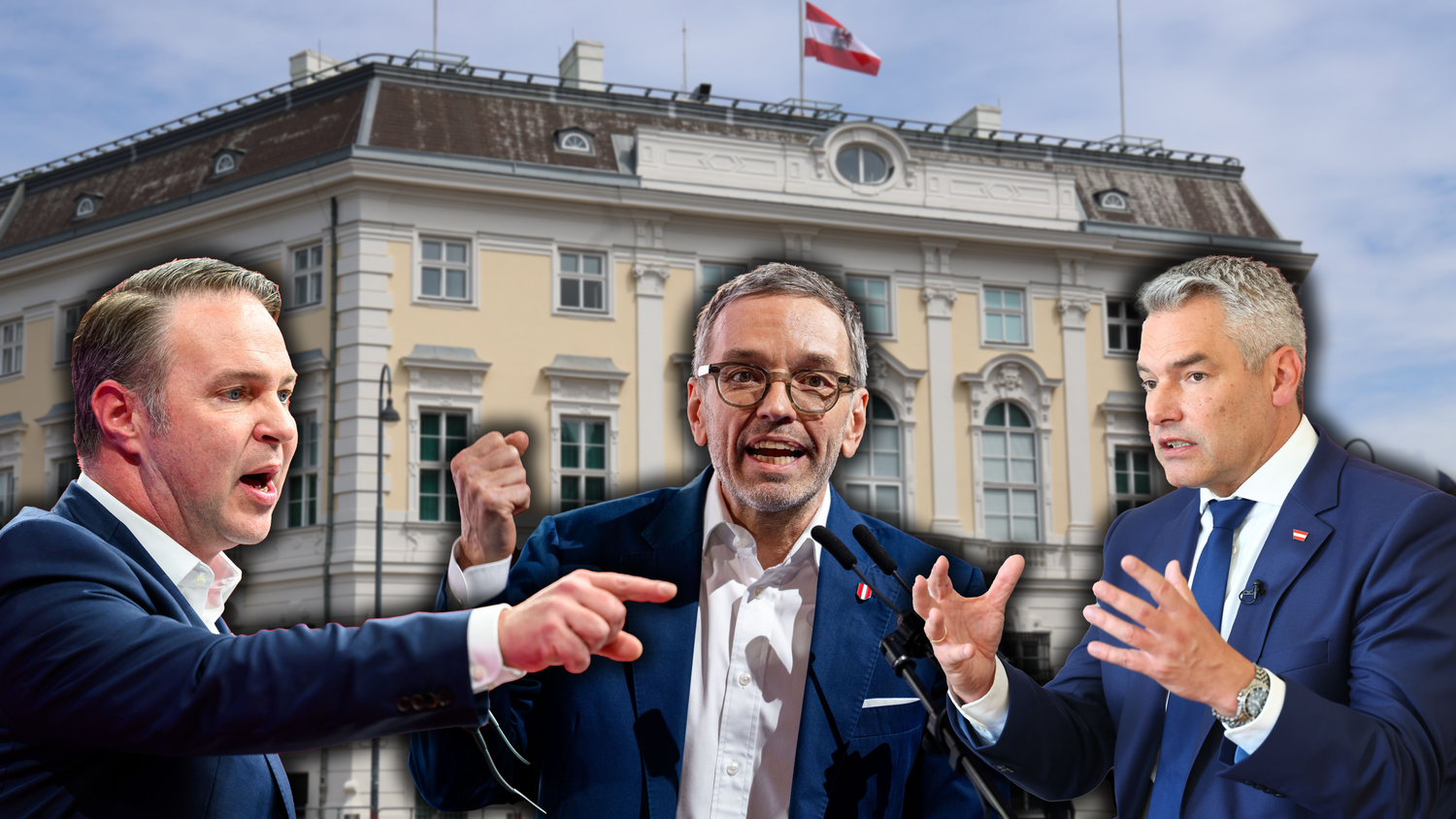 Wollen ins Kanzleramt:&nbsp;Andreas Babler (SP), Herbert Kickl (FP), Karl Nehammer (VP)