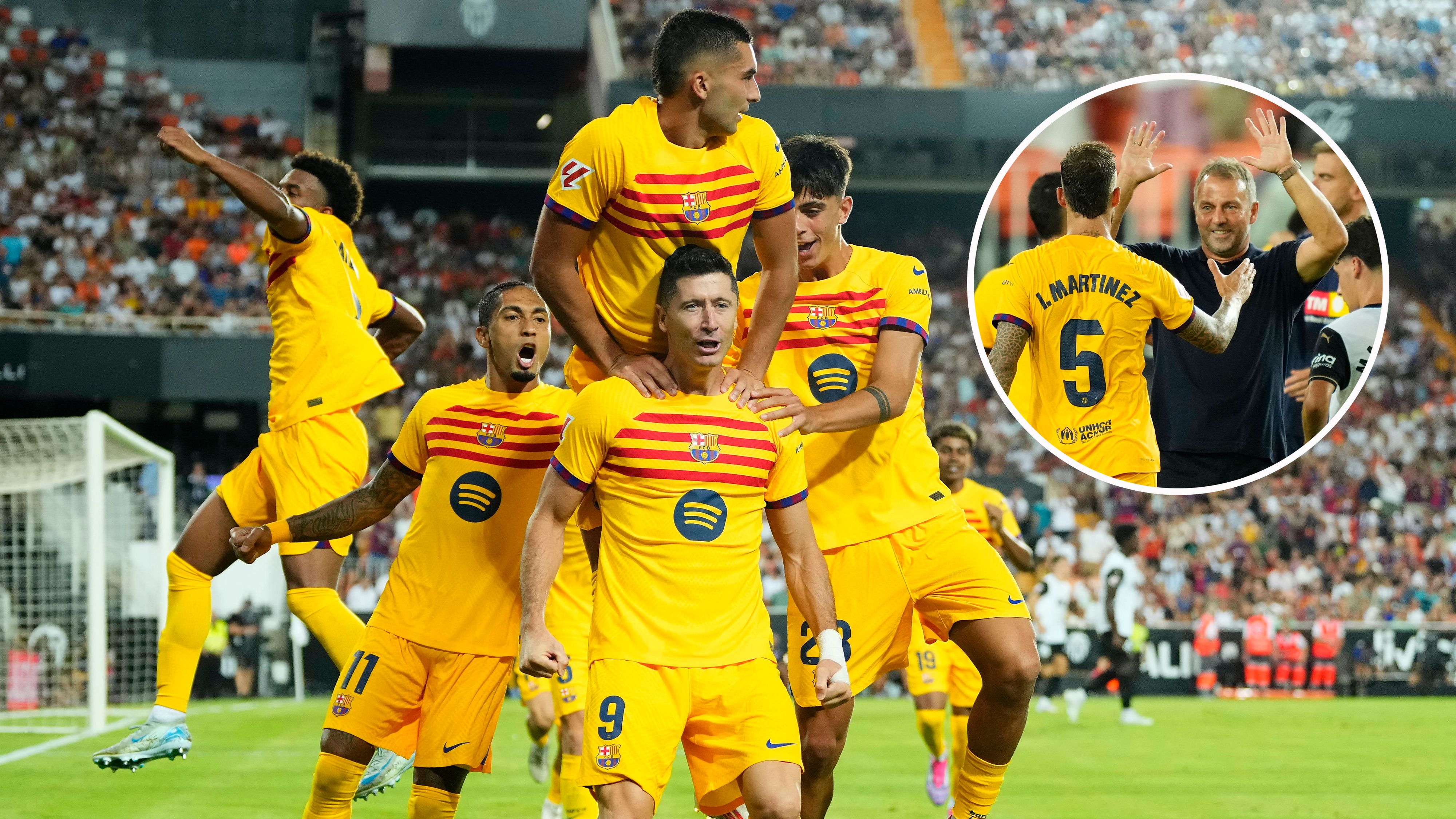 Hansi Flick (r.) durfte im ersten La-Liga-Match über ein 2:1 in Valencia jubeln.