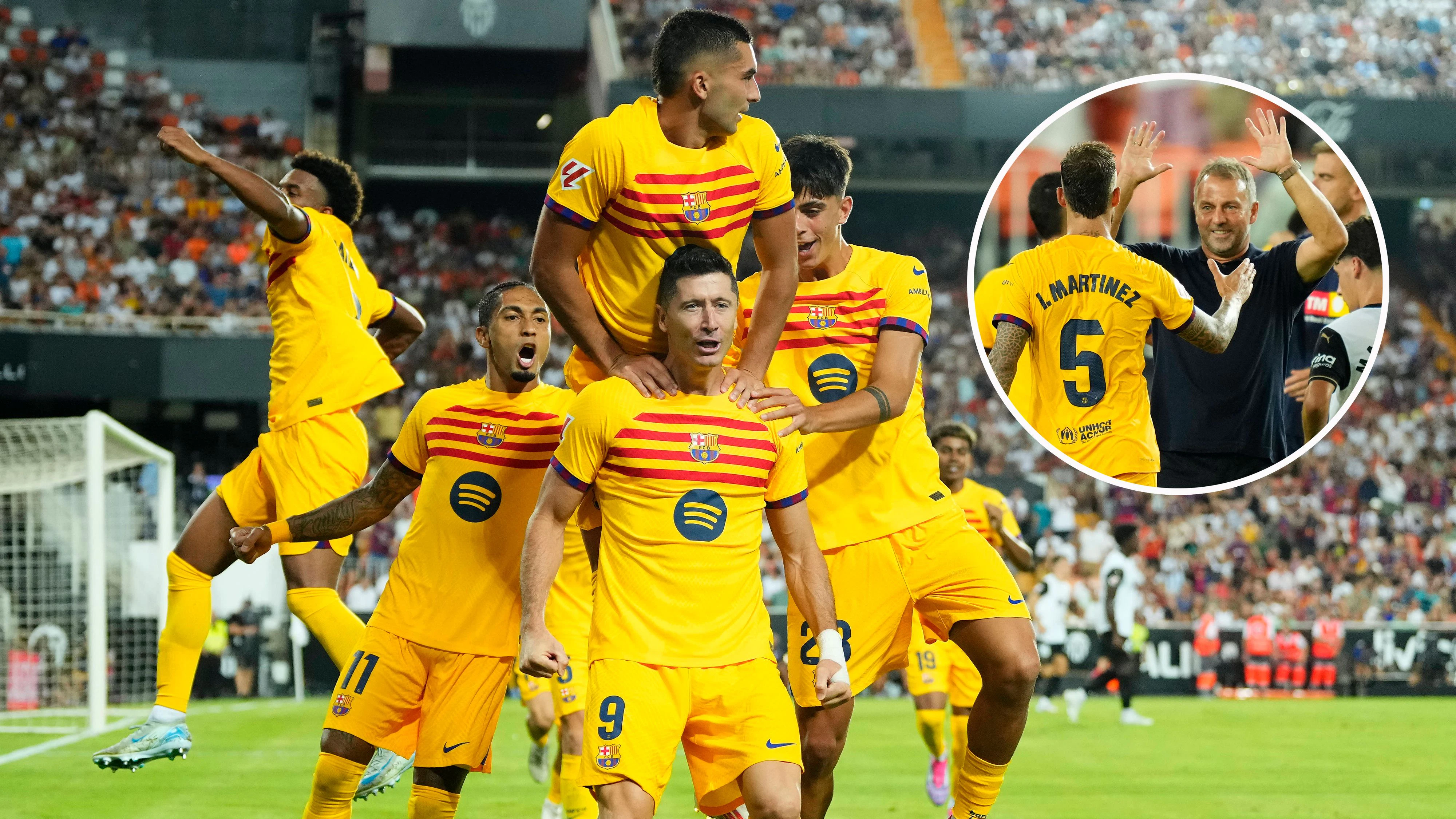 Hansi Flick (r.) durfte im ersten La-Liga-Match über ein 2:1 in Valencia jubeln.