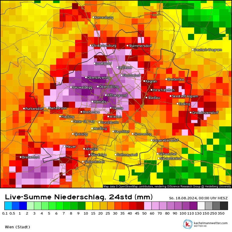 Ein einziges Gewitter ließ am 17. August 2024 sorgte für Rekord-Regen in Wien-Döbling. An der Hohen Warte wurden über 100 l/m² in nur zwei Stunden gemessen.
