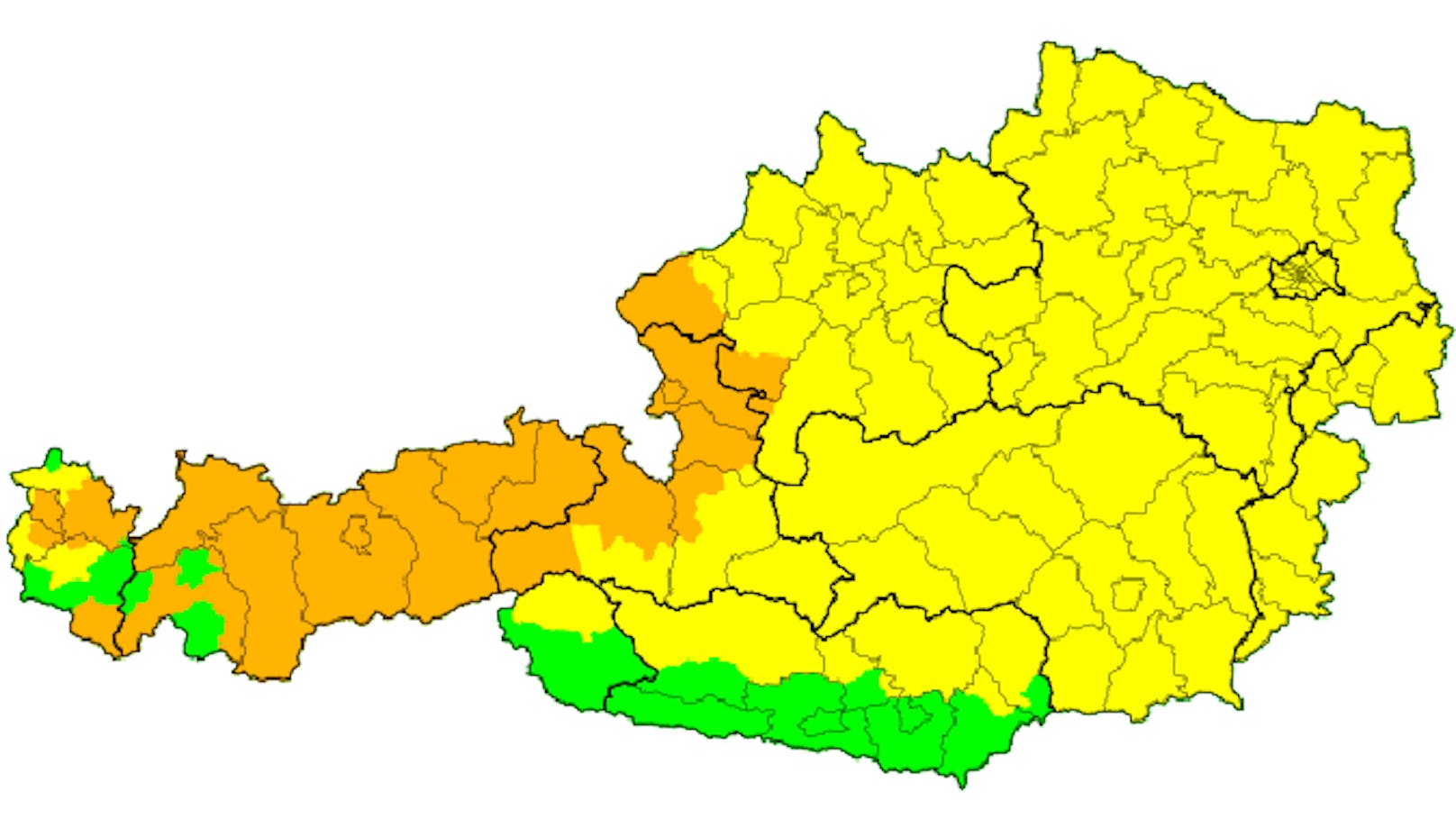 Die aktuellen Unwetterwarnungen: Im Westen Regen (orange), im Rest des Landes drohen Gewitter und Hagel (Vorwarnung in gelb)