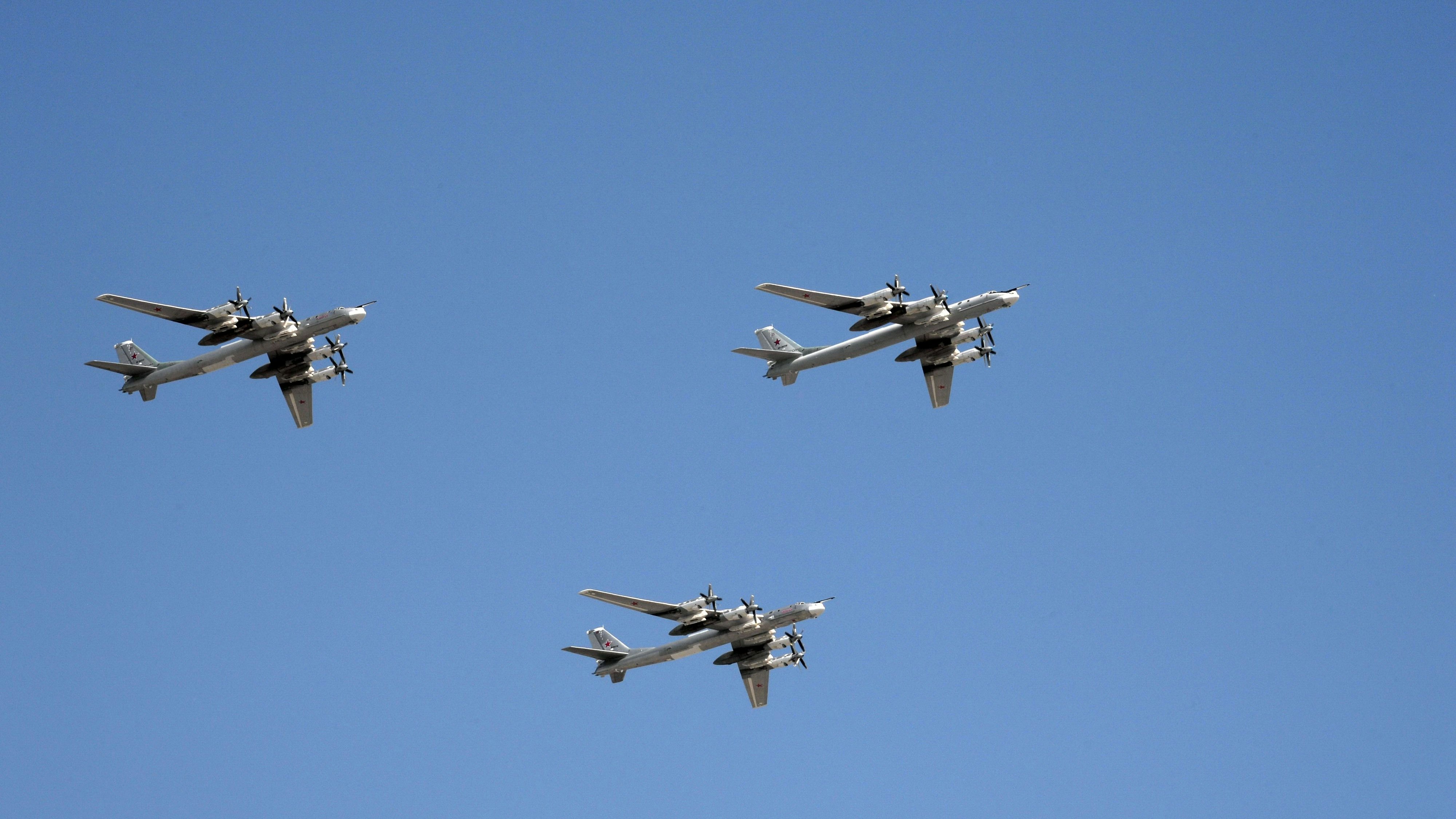 MOSCOW, RUSSIA  MAY 7, 2019: Rehearsal of the Victory Day celebration. The Tupolev Tu-95 (NATO reporting name: Bear) is a large, four-engine turboprop-powered strategic bomber and missile platform