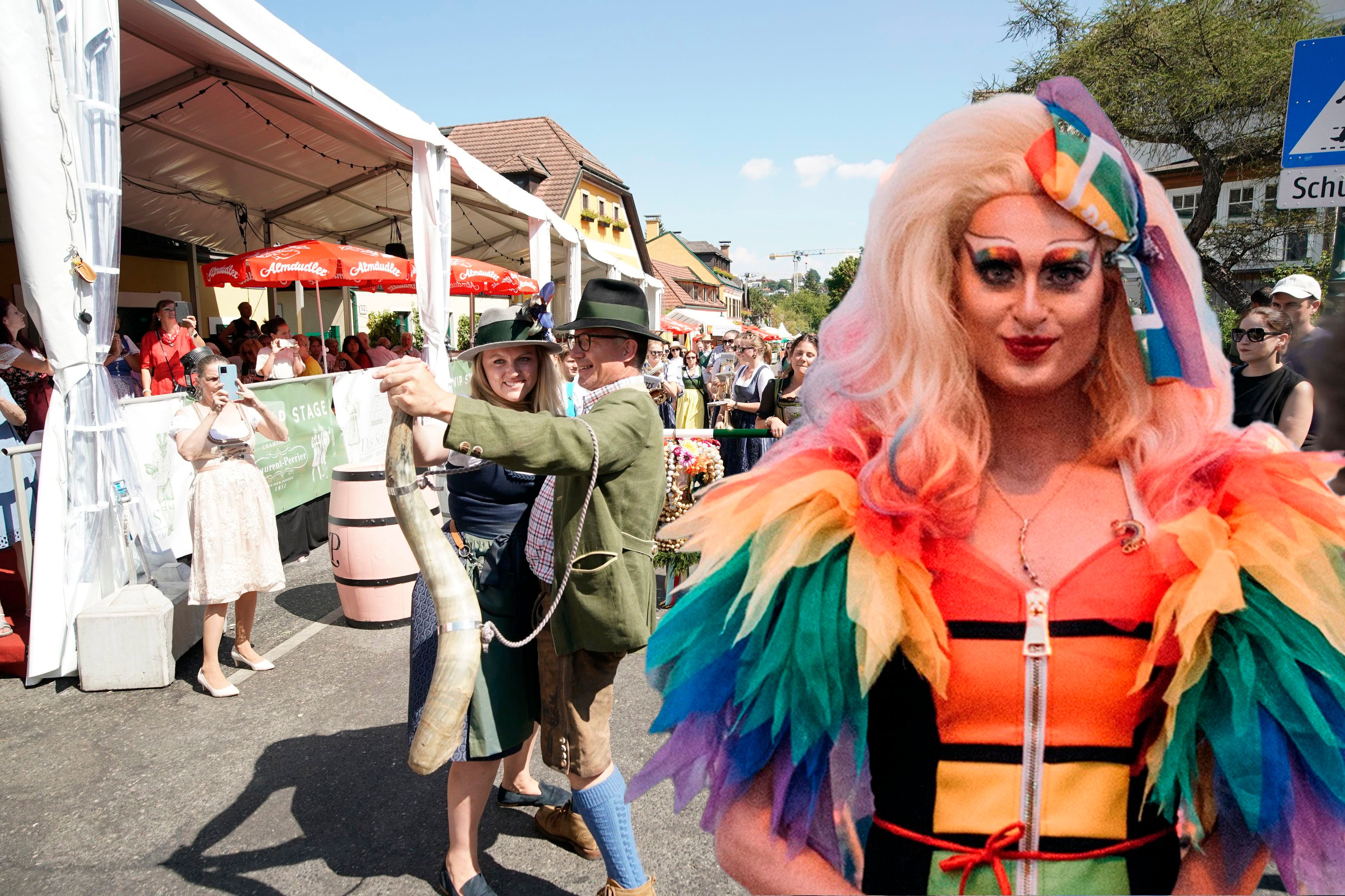 Drag Queen Candy Licious beehrt die Queere Happy Hour am Neustifter Kirtag.