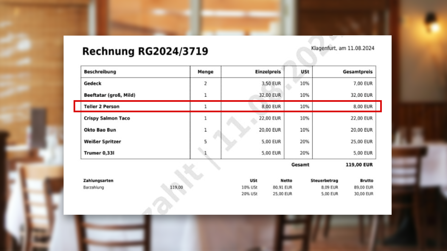 Die Rechnung aus dem Lokal in Pörtschach am Wörthersee