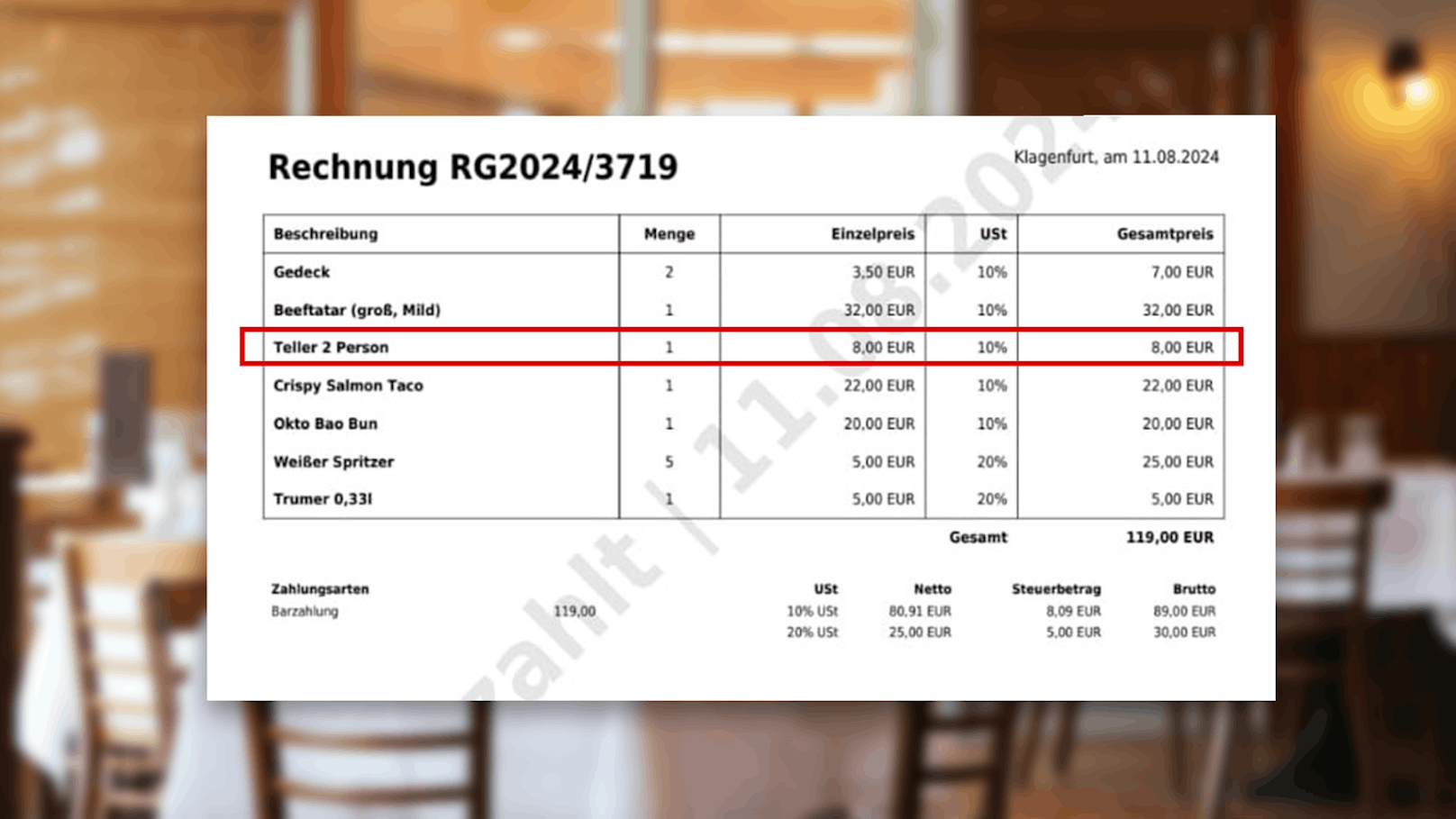 Die Rechnung aus dem Lokal in Pörtschach am Wörthersee