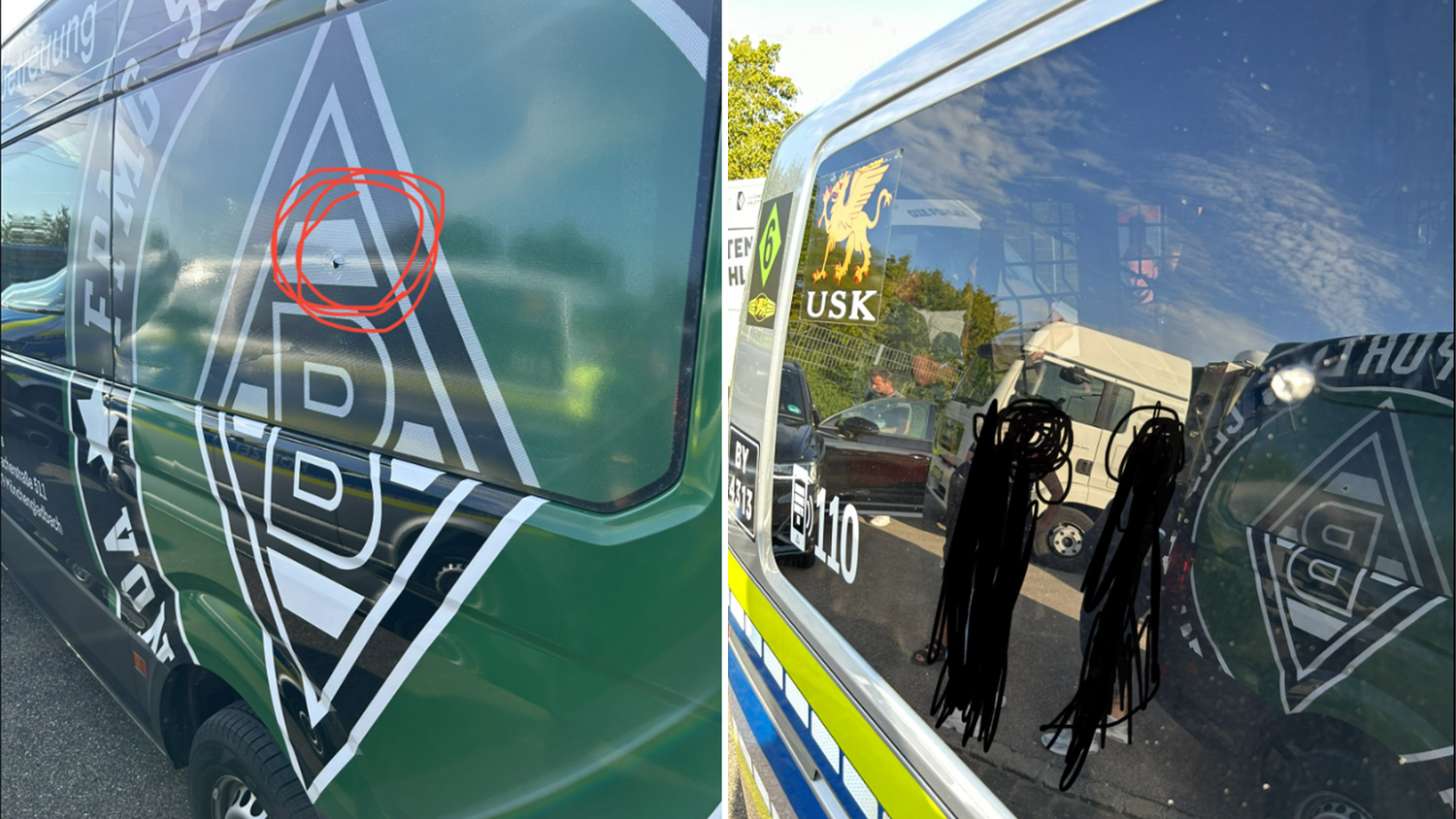 Der Fanbus und ein Polizeiauto wurden beschädigt.