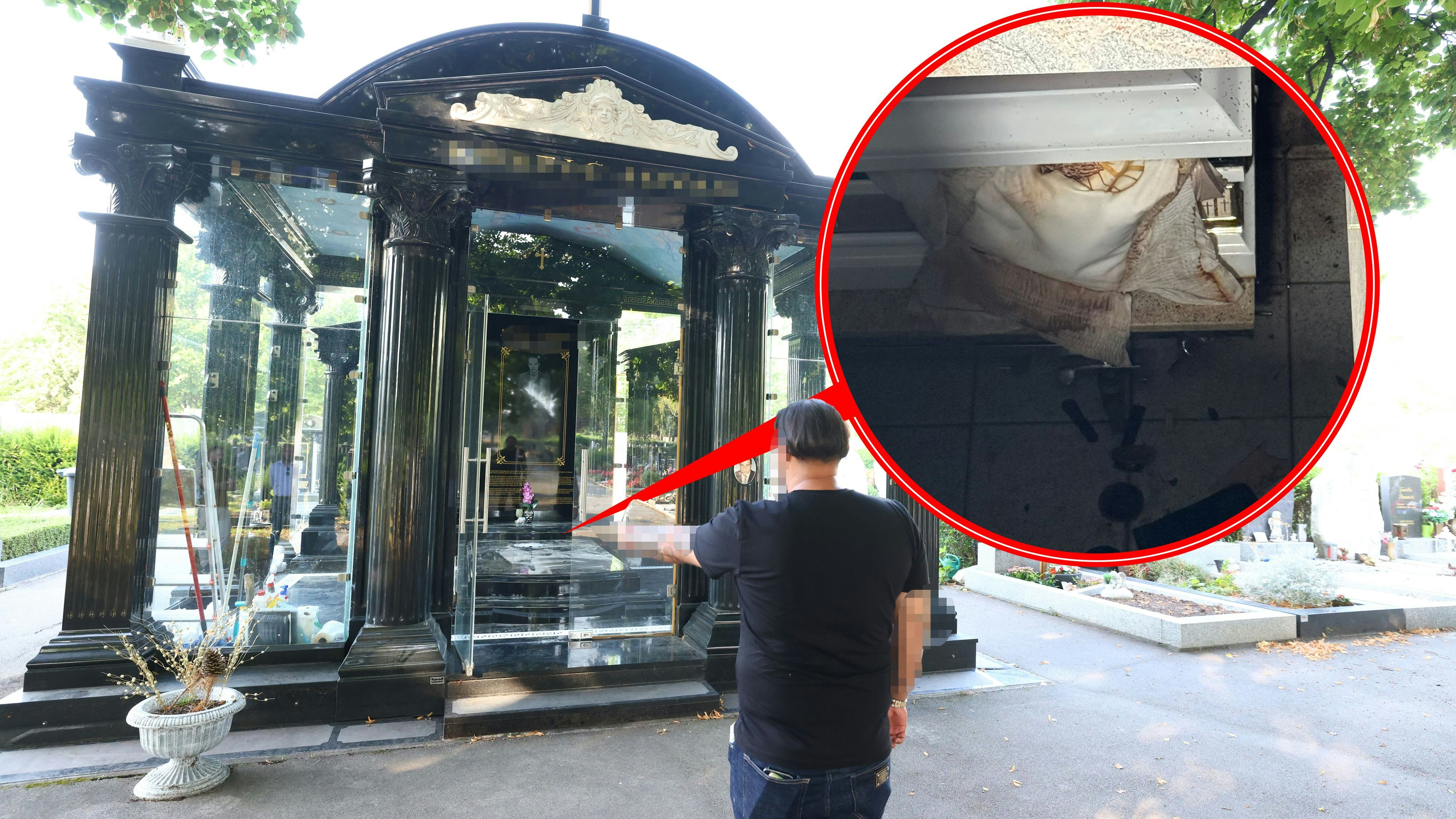 Enkel Marin vor dem Mausoleum am Kagraner Friedhof, in das Unbekannte eindrangen