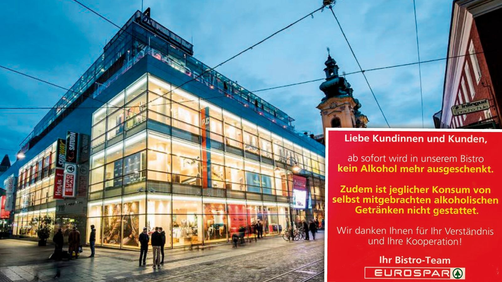 Im vielbesuchten Eurospar in der Linzer Passage gilt ab sofort strenges Alkohol-Verbot.