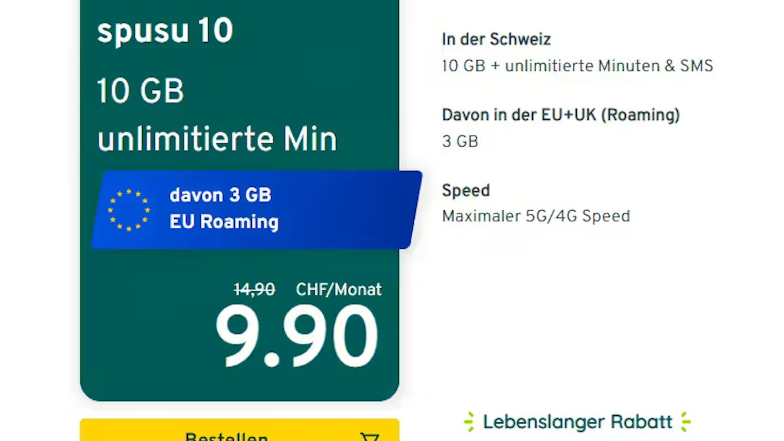 So bewirbt Spusu sein günstigstes Handy-Abo, das 3-GB-Roaming in der EU beinhaltet.