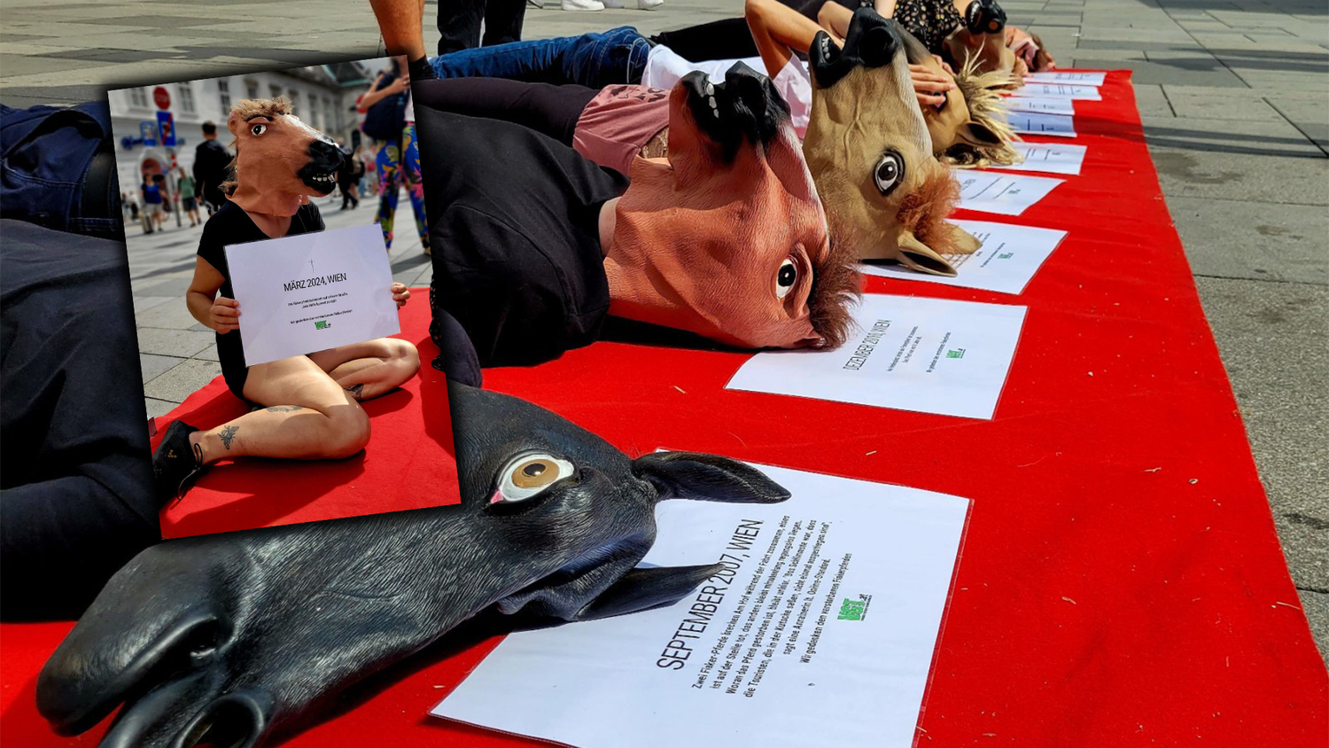 Tieraktivisten legen sich am Stephansplatz mit Pferdemasken auf den Boden. 