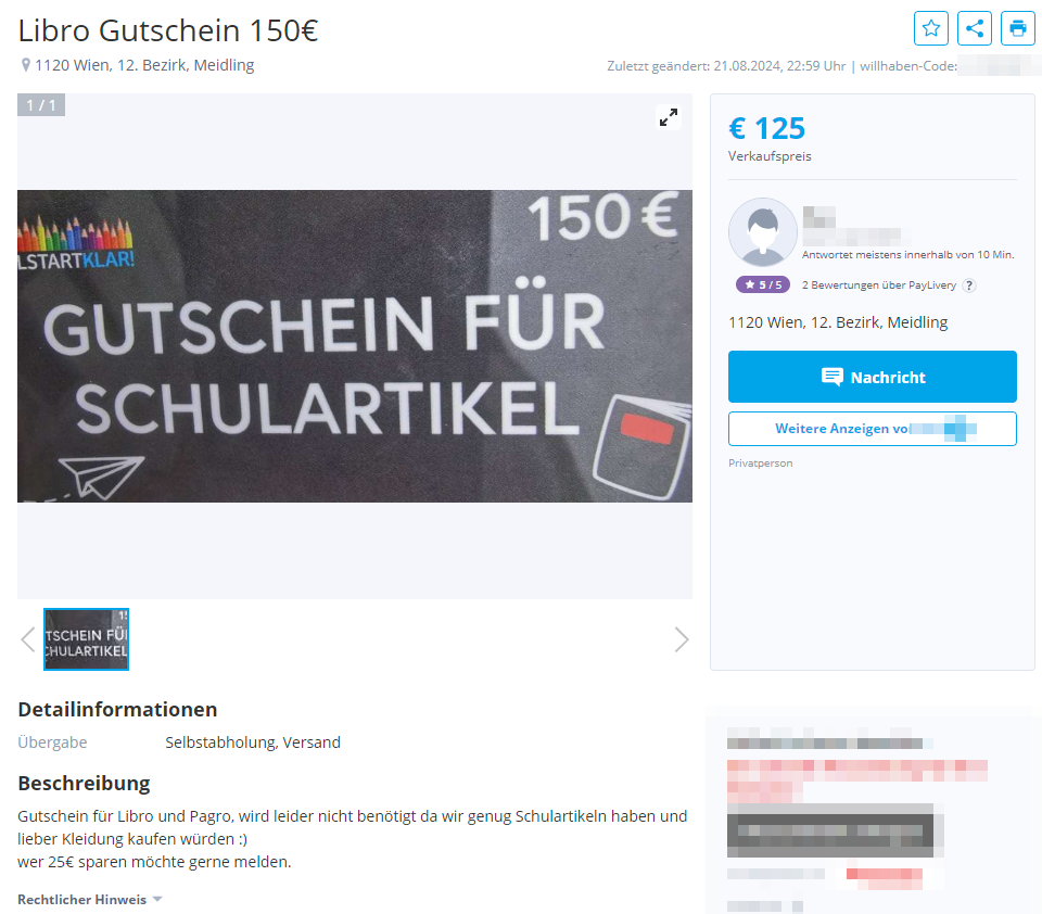 Die Gutscheine werden auf Willhaben verscherbelt.