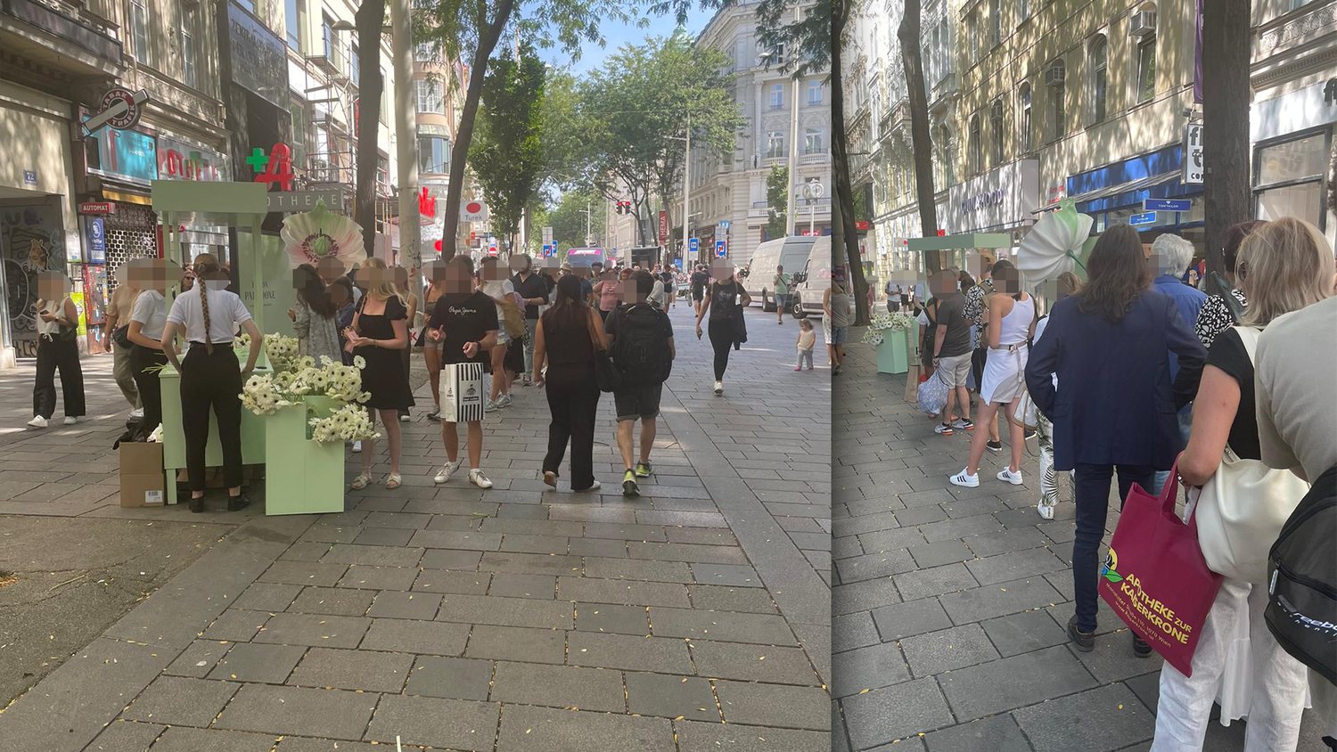 Auf der Mariahilfer Straße versammelten sich am Freitag mehrere Leute vor einem Blumenstand. Diese wurden kostenlos verteilt.