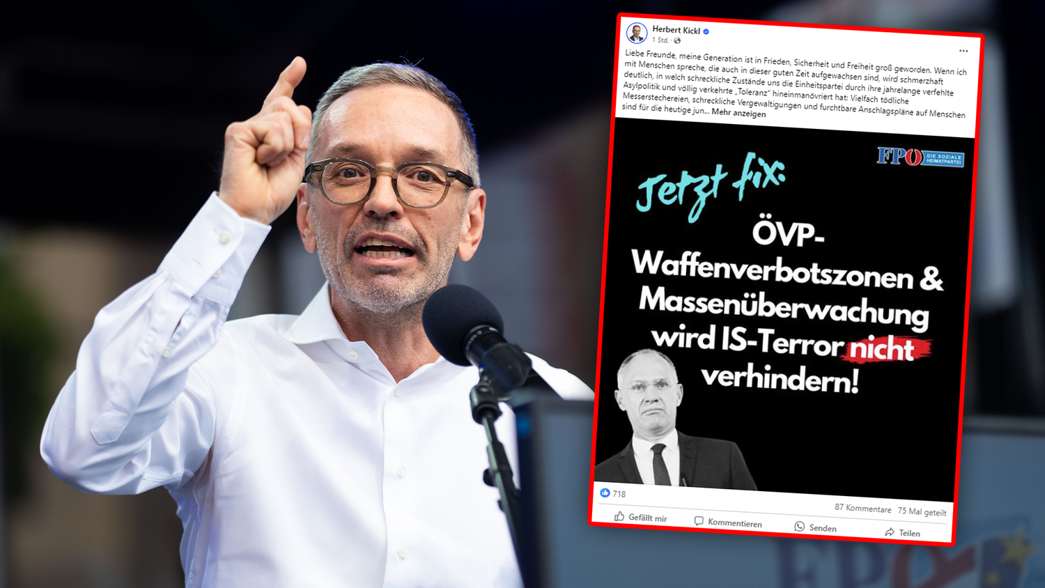 Für FPÖ-Chef Herbert Kickl zeigt der Anschlag im deutschen Solingen, dass die Massenüberwachung keine IS-Attentate verhindert.