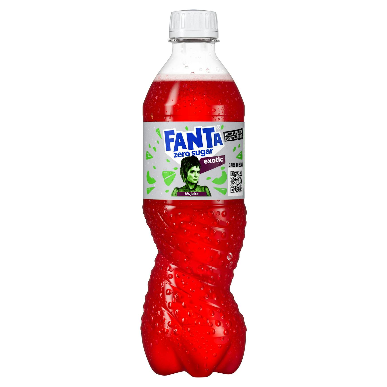 Fanta Zero Sugar Exotic Beetlejuice mit Bild von Winona Ryder (Lydia Deetz).