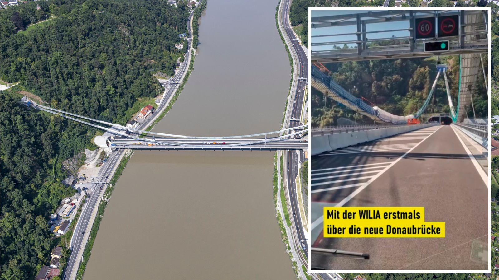 Ein Video auf Instagram und Facebook zeigt die erste Fahrt über die neue Donaubrücke.