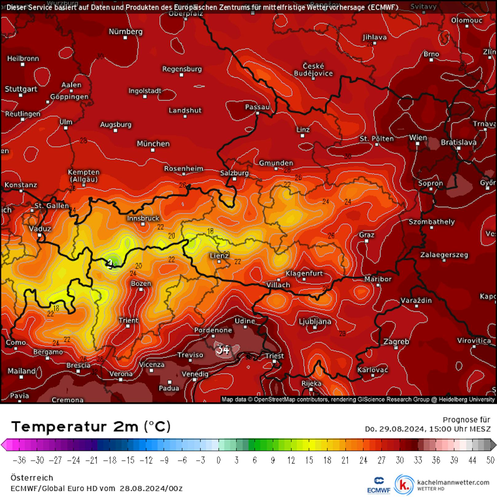 Temperaturvorhersage für Donnerstag, 29. August 2024.