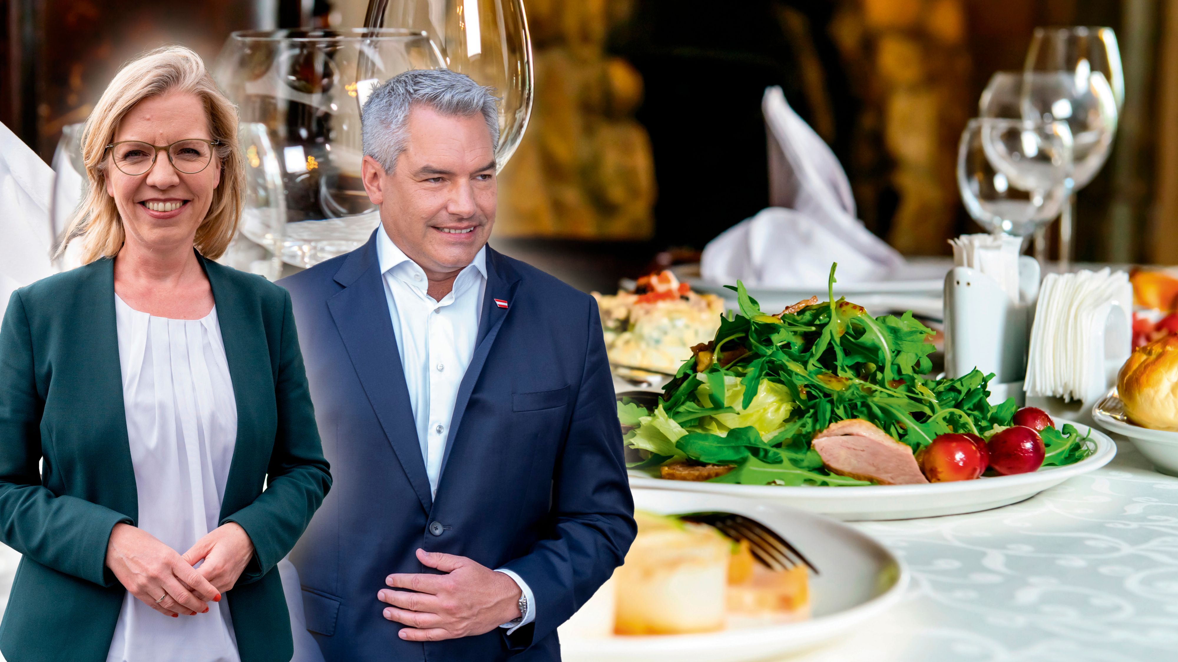 Schwarz-grüne Gourmet-Koalition: Beim Catering sind sich Kanzler Nehammer und die grüne Ministerin Gewessler einig.