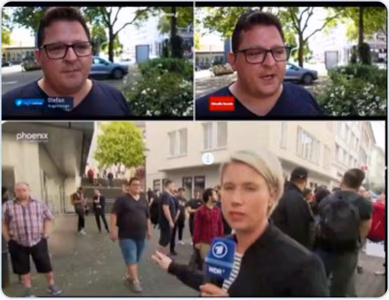 In Beiträgen von ARD, ZDF und Phoenix ist dreimal derselbe Mann zu sehen. Anders als von einigen Social-Media-Nutzerinnen und -Nutzern behauptet, ist sein mehrmaliges Auftauchen gut erklärbar. Der Hauptgrund ist, dass das von ARD und WDR verwendete Material (oben links und rechts) von der Nachrichtenagentur DPA stammt. Im Phoenix-Beitrag (unten) läuft er rund 100 Meter vom anderen Standort entfernt durchs Bild.