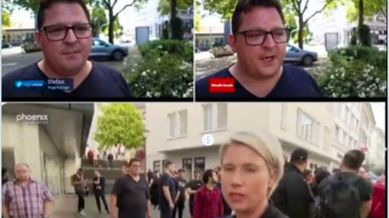 In Beiträgen von ARD, ZDF und Phoenix ist dreimal derselbe Mann zu sehen. Anders als von einigen Social-Media-Nutzerinnen und -Nutzern behauptet, ist sein mehrmaliges Auftauchen gut erklärbar. Der Hauptgrund ist, dass das von ARD und WDR verwendete Material (oben links und rechts) von der Nachrichtenagentur DPA stammt. Im Phoenix-Beitrag (unten) läuft er rund 100 Meter vom anderen Standort entfernt durchs Bild.