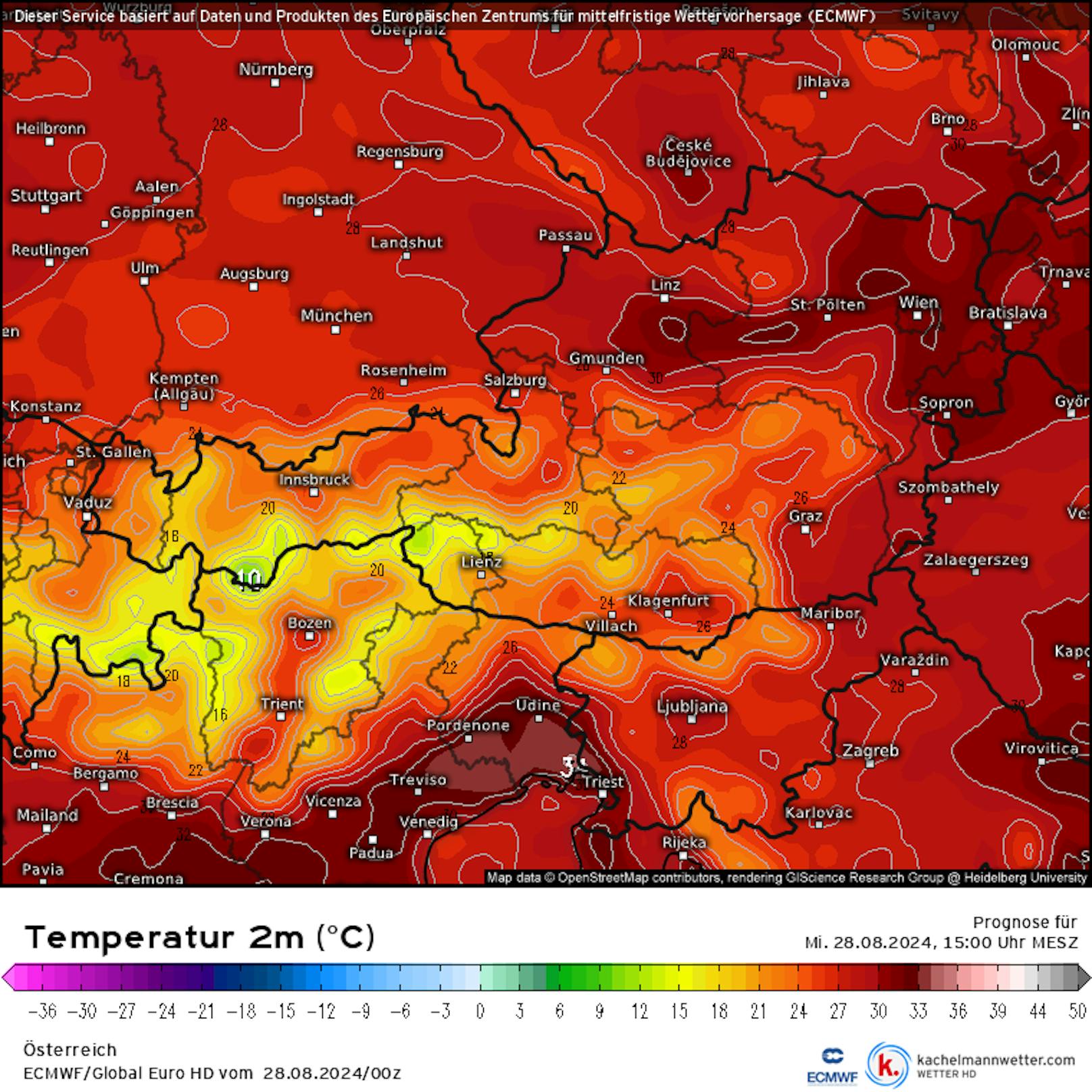 Temperaturvorhersage für Mittwoch, 28. August 2024.