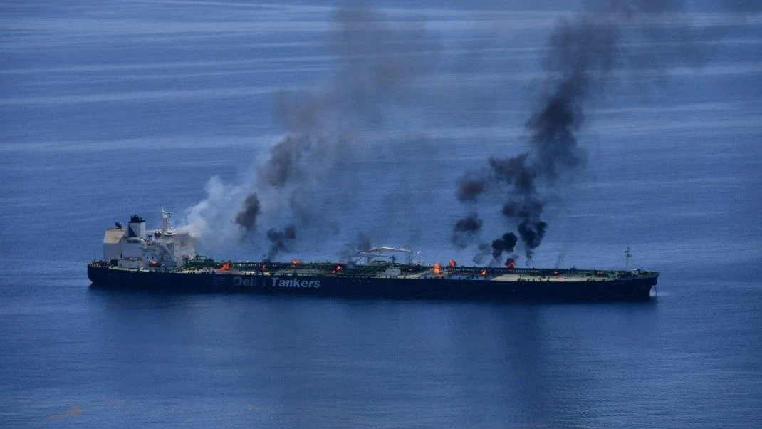 Flames and smoke rise from the Greek-flagged oil tanker Sounion, which has been on fire since August 23, on the Red Sea, August 25, 2024. Yemen's Houthis said they attacked the Sounion in the Red Sea. EUNAVFOR ASPIDES/Handout via REUTERS THIS IMAGE HAS BEEN SUPPLIED BY A THIRD PARTY. MANDATORY CREDIT.     TPX IMAGES OF THE DAY     