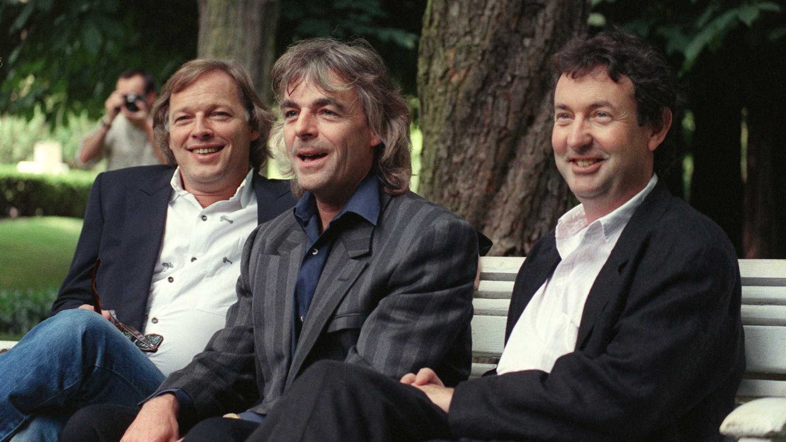 Pink-Floyd-Gründungsmitglieder Gitarrist David Gilmour, Keyboarder Richard Wright und Schlagzeuger Nick Mason in Versailles 1988.