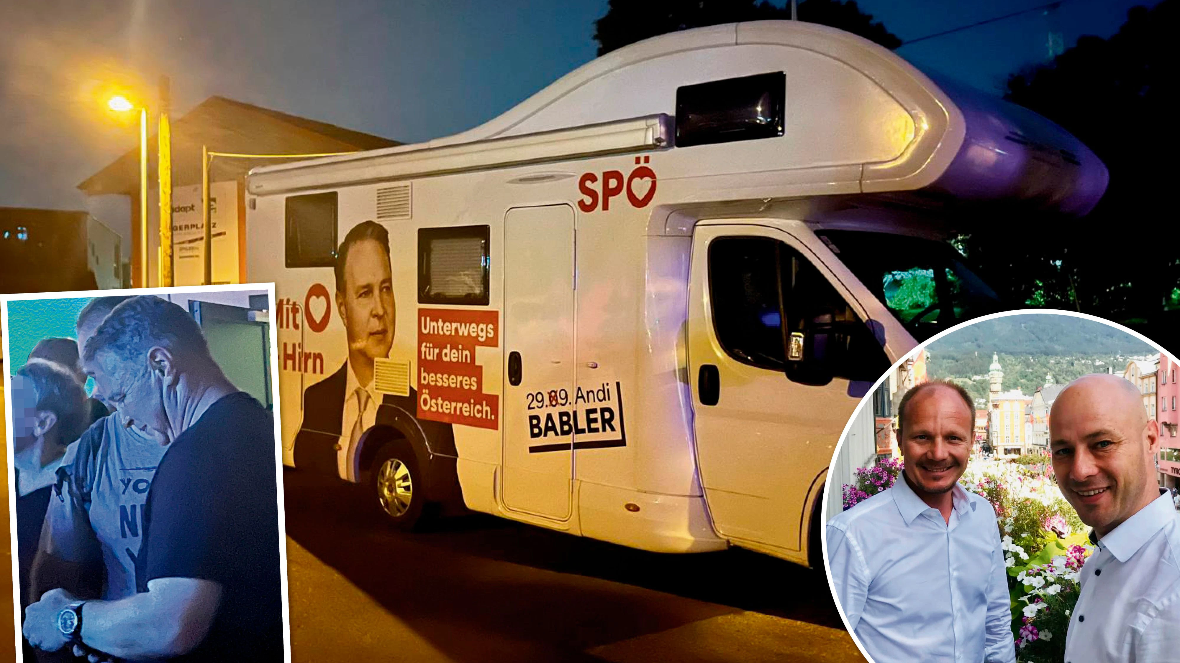 SP-Spitzenkandidat Babler tauchte in Linz bei einem Rock-Konzert auf. Der Linzer Bürgermeister-Kandidat Martin Hajart (re.) holte sich Input in Innsbruck.