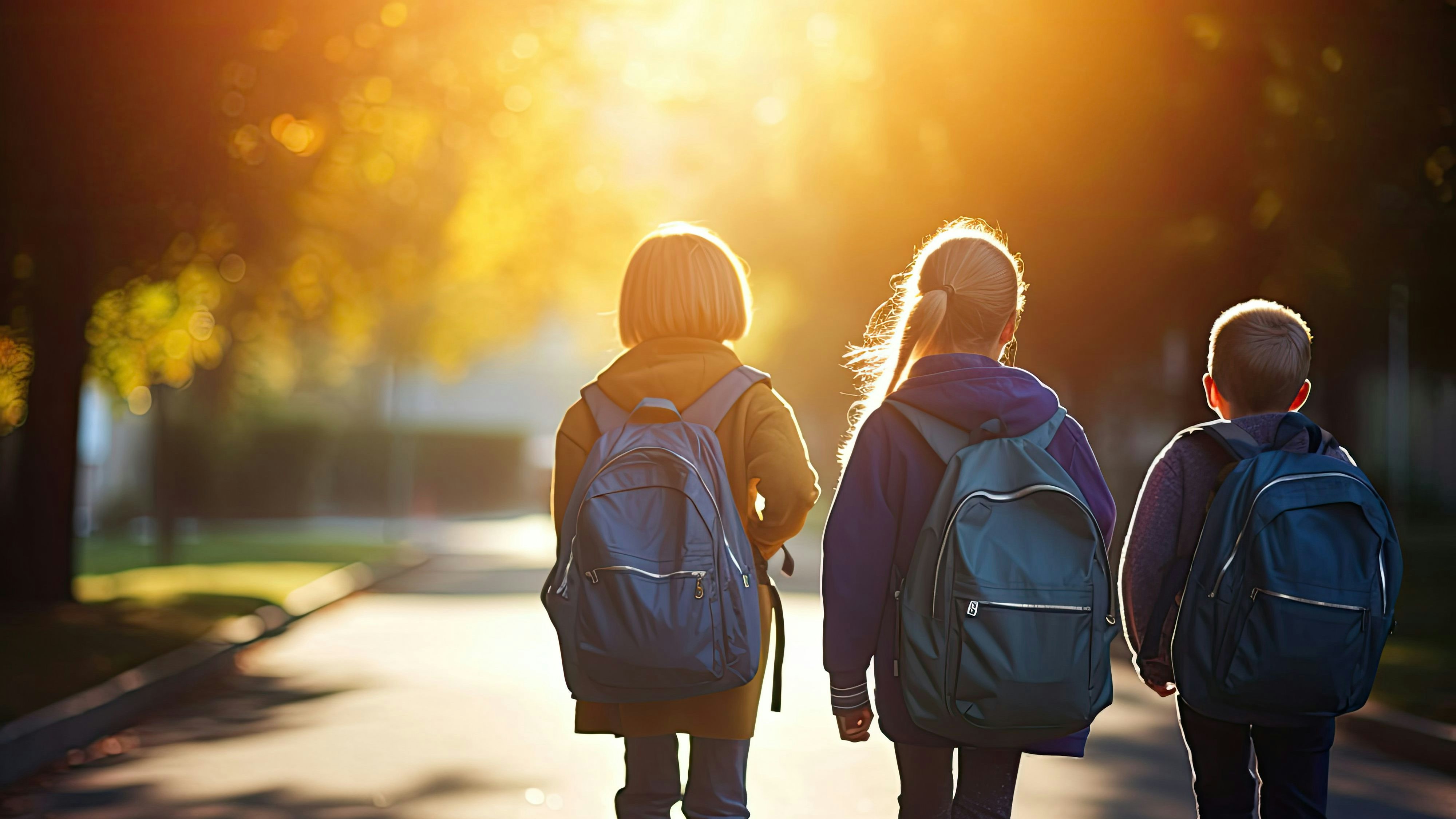 Symbolbild: Kinder mit Rucksack laufen in die Schule, Generative AI