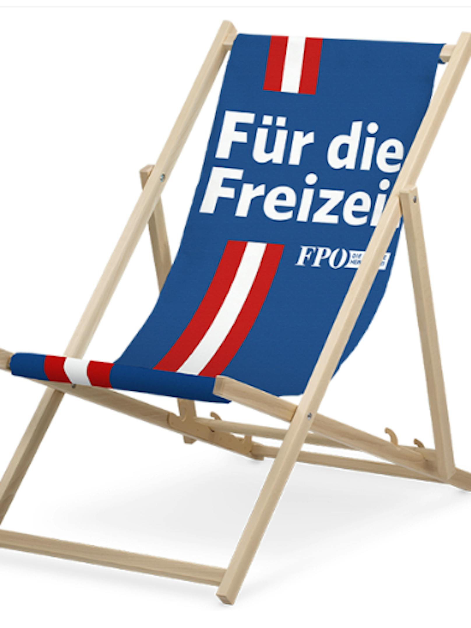 Den FPÖ-Sessel mit Aufdruck auf der Liegefläche gibt's um 50,90 Euro.