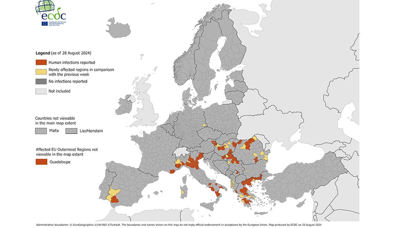 Die Karte zeigt die bestätigten West-Nil-Virus-Fälle in Europa bis 29. August 2024.