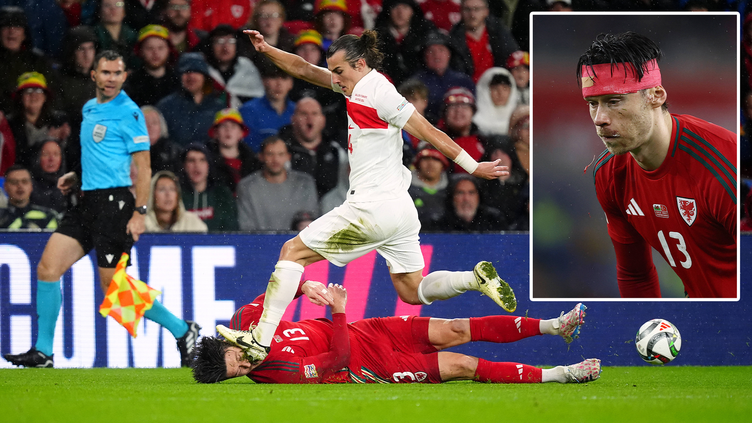 Der Schreck-Moment: Caglar Söyüncü steigt Kieffer Moore ins Gesicht.