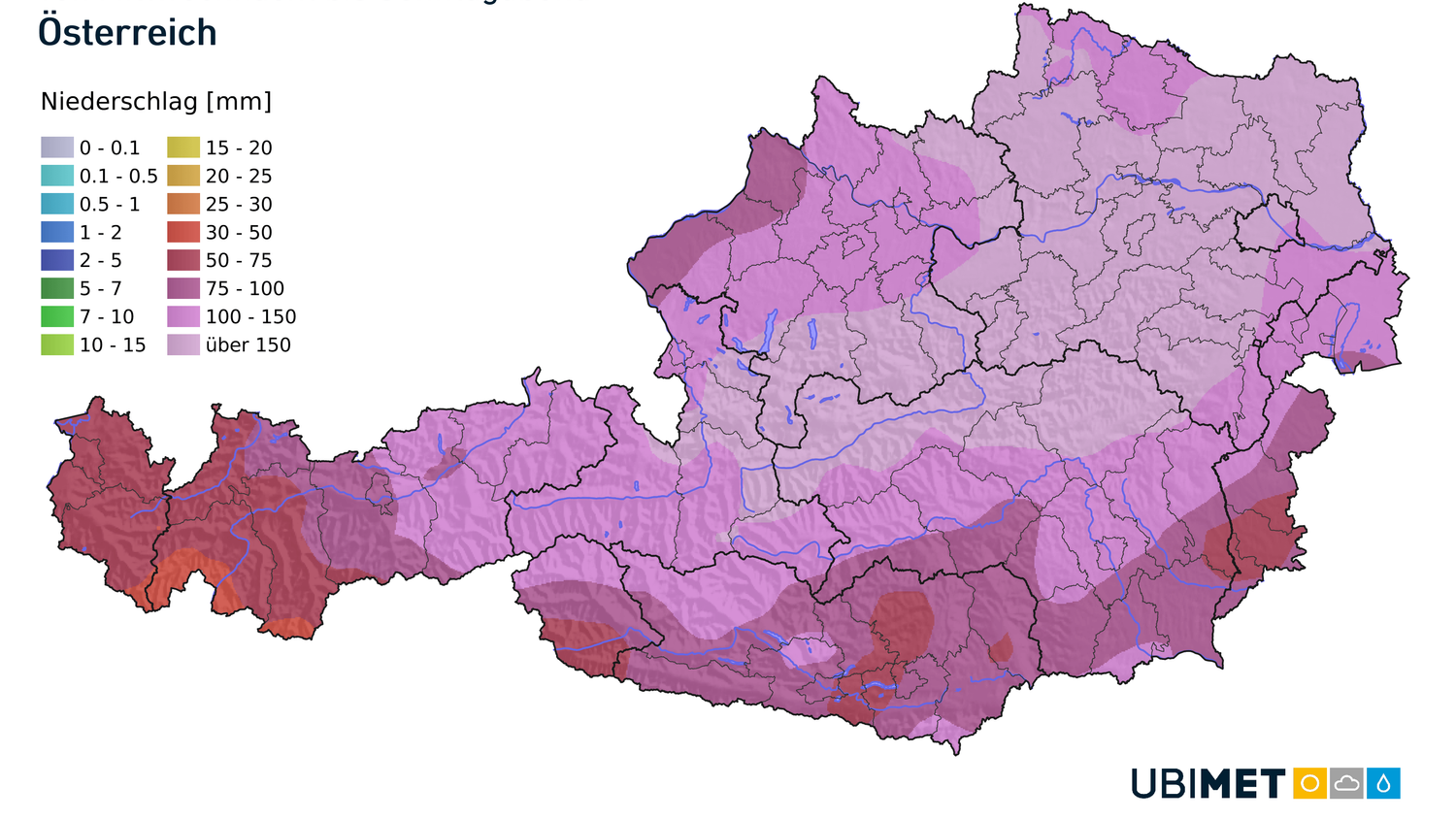 Die von der UWZ erwartete Niederschlagssumme von Mittwochnacht bis Sonntagabend (Stand 9.9.2024). Die Regenmassen können in der bisher gebräuchlichen Farbskala gar nicht richtig dargestellt werden.