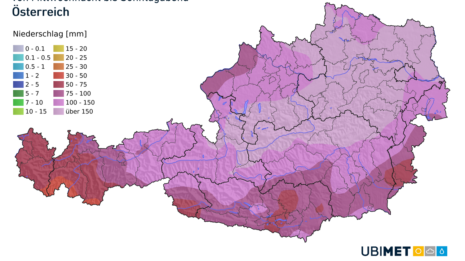 Die vorhergesagten Regenmengen von Mittwoch bis Sonntag (je heller, desto mehr Regen).