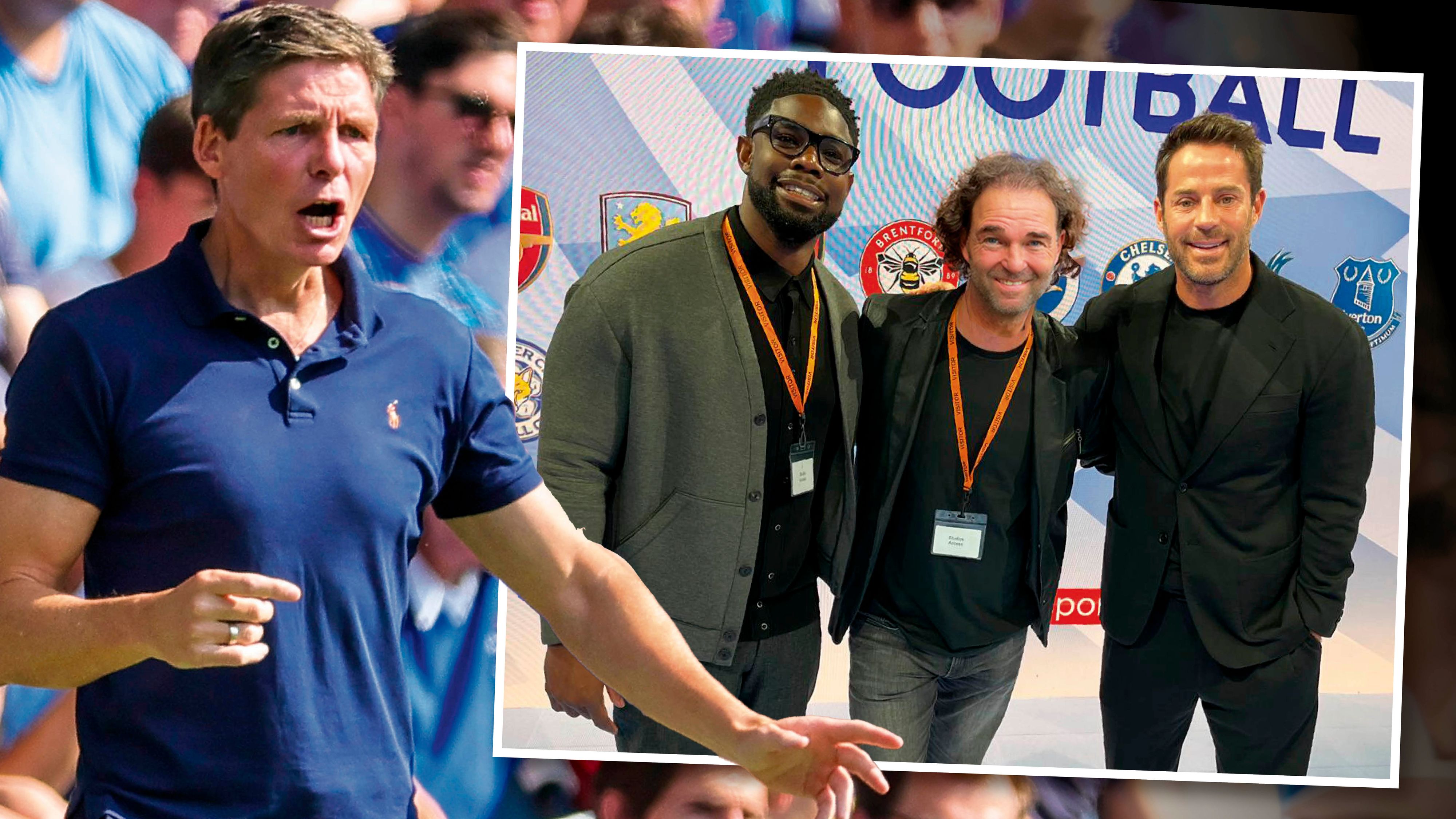 Trainer Glasner (l.), Sky-Experten Richards und Redknapp mit Reporter Pfeiffer