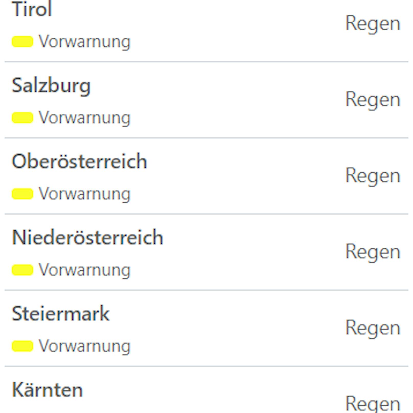 Aktuelle Unwetterwarnungen für Österreich.