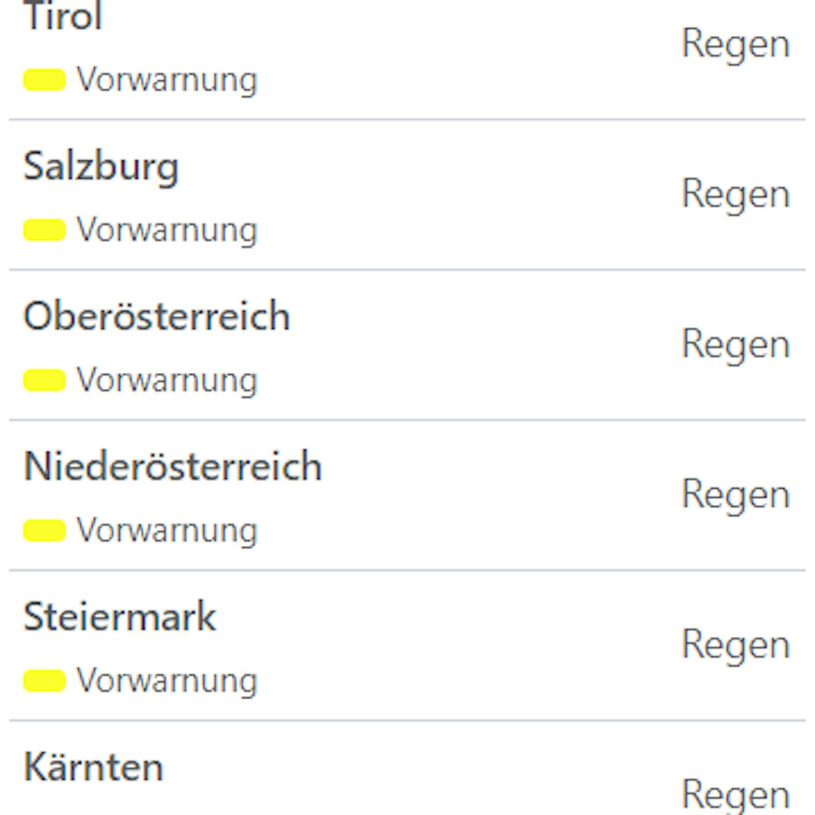 Aktuelle Unwetterwarnungen für Österreich.