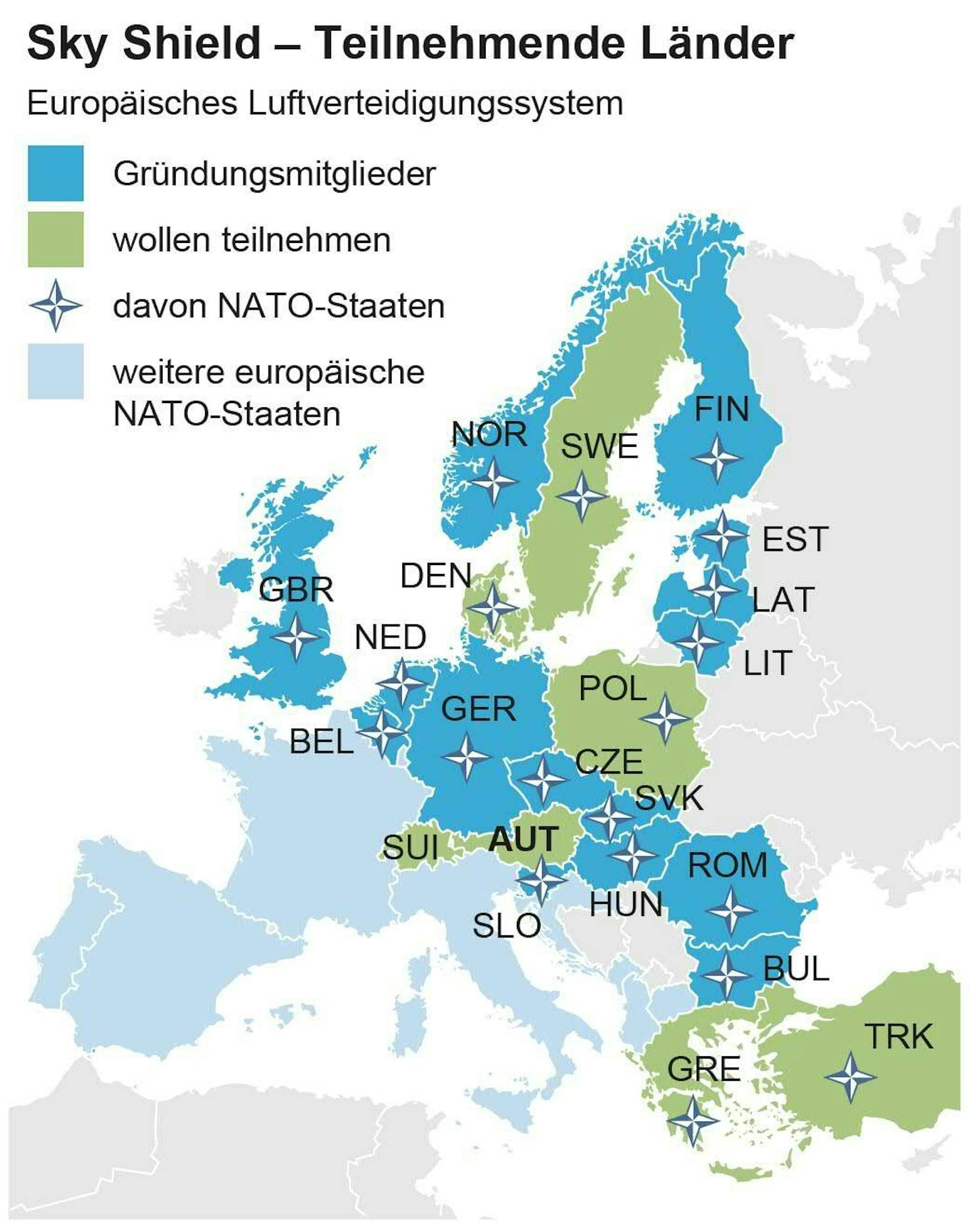 Zahlreiche Länder (dunkelblau, grün) wollen sich an Sky Shield beteiligen. Die meisten sind auch NATO-Mitglieder.