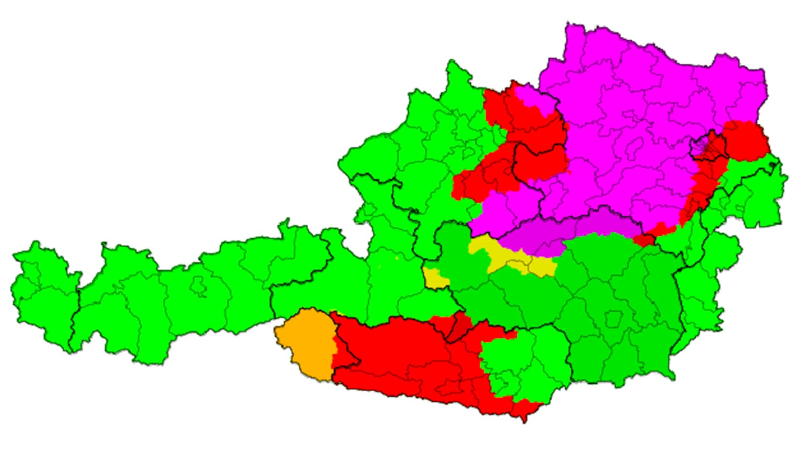 Mittwochnacht wurden die höchste Warnstufe (violett) im errechneten Kerngebiet des kommenden Starkregen-Ereignisses ausgegeben. Weitere Warnungen für die Randgebiete folgen ab Donnerstagmorgen.