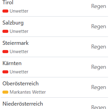 Aktuelle Unwetterwarnungen für Österreich.