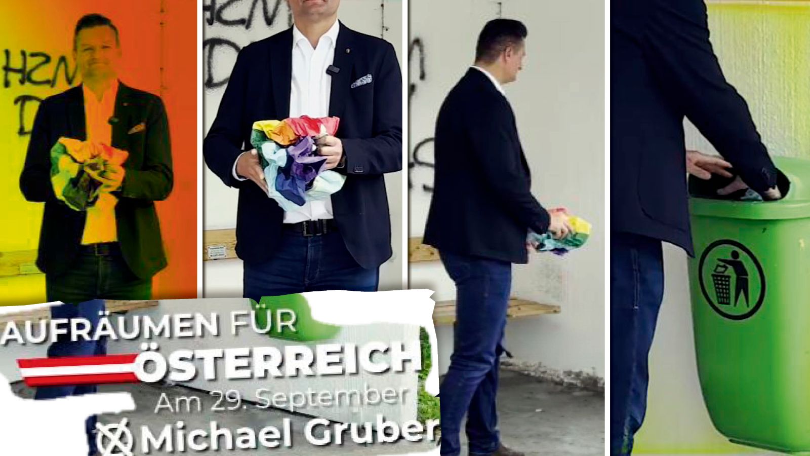 Der Lokalpolitiker Michael Gruber wirft in dem Video ein Symbol für den Frieden in den Mülleimer.