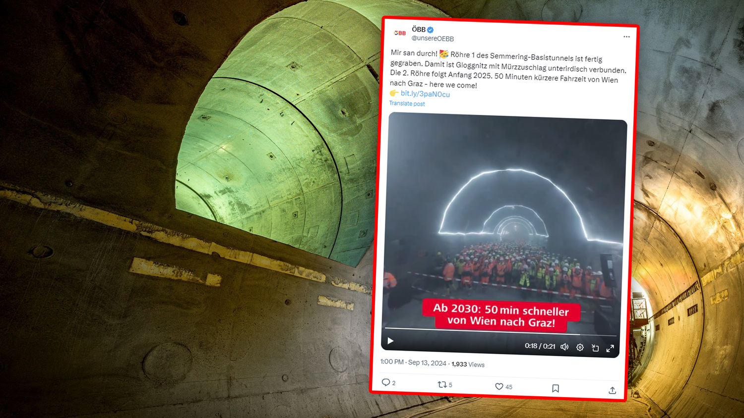 Der Semmering-Basistunnel soll die Strecke Wien-Graz um 50 Minuten verkürzen.