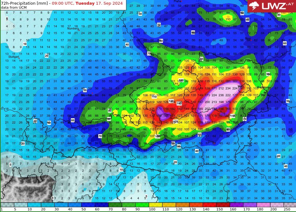 Gewaltige Regenmengen gehen in einer Schneise von Niederösterreich bis Wien nieder.