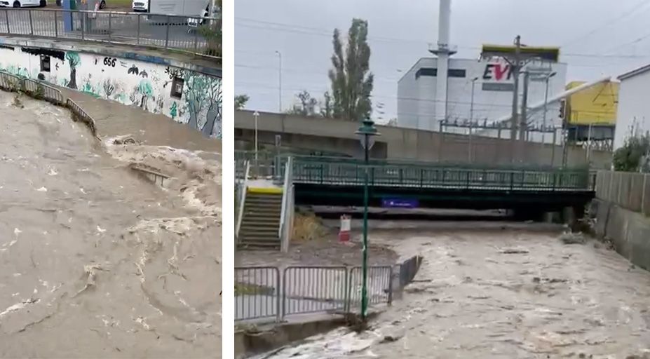 Am Bahnhof Mödling geht nichts mehr. Die Unterführung ist völlig überflutet.
