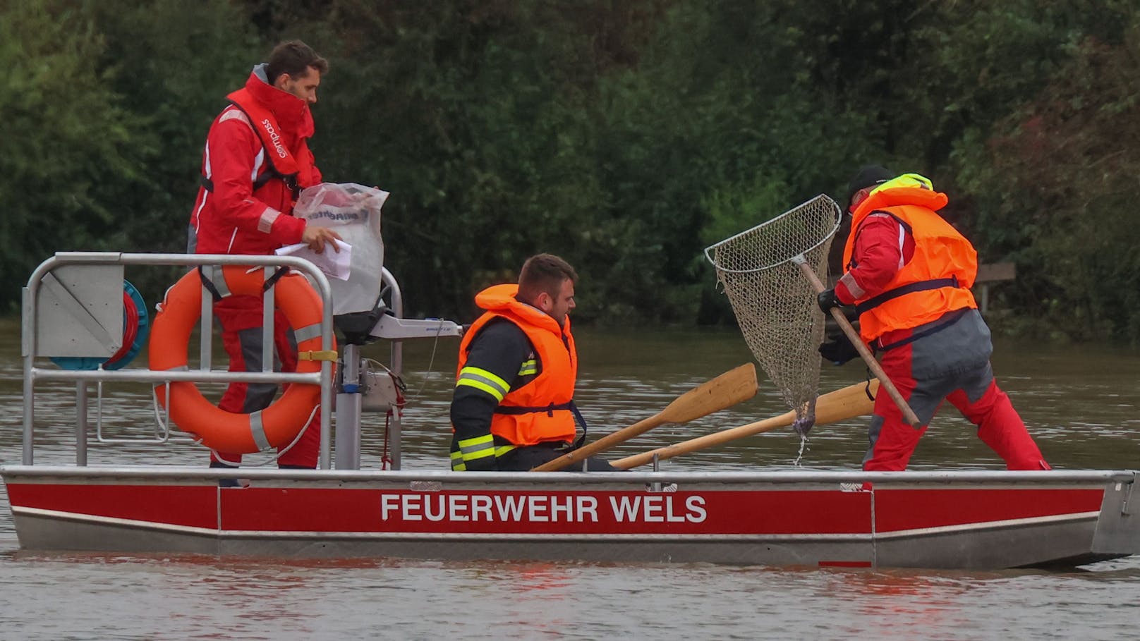 Ein Passant hatten am Sonntag Alarm geschlagen, dass in der derzeit überfluteten Freizeitanlage Wimpassing (OÖ) 500er-Scheine im Wasser treiben würden.