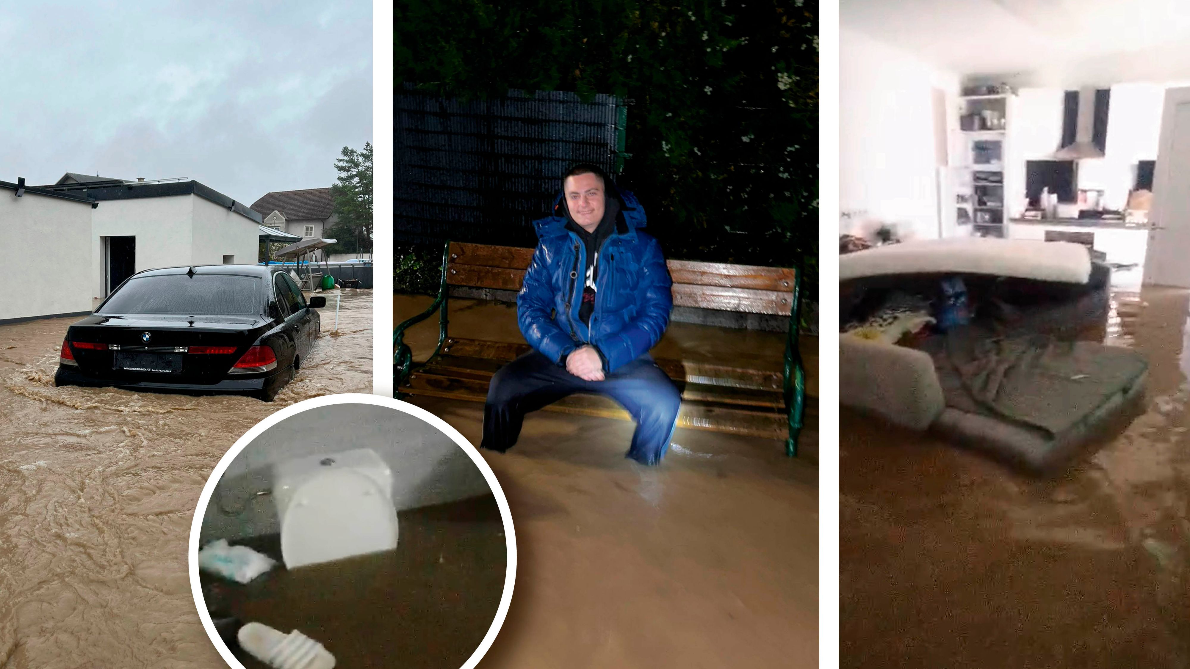 Ex-Wiener Kiki steht in Sierndorf (NÖ) nun vor den Trümmern seiner Existenz. Auto, Wohnzimmer und Co. sind unter Wasser.