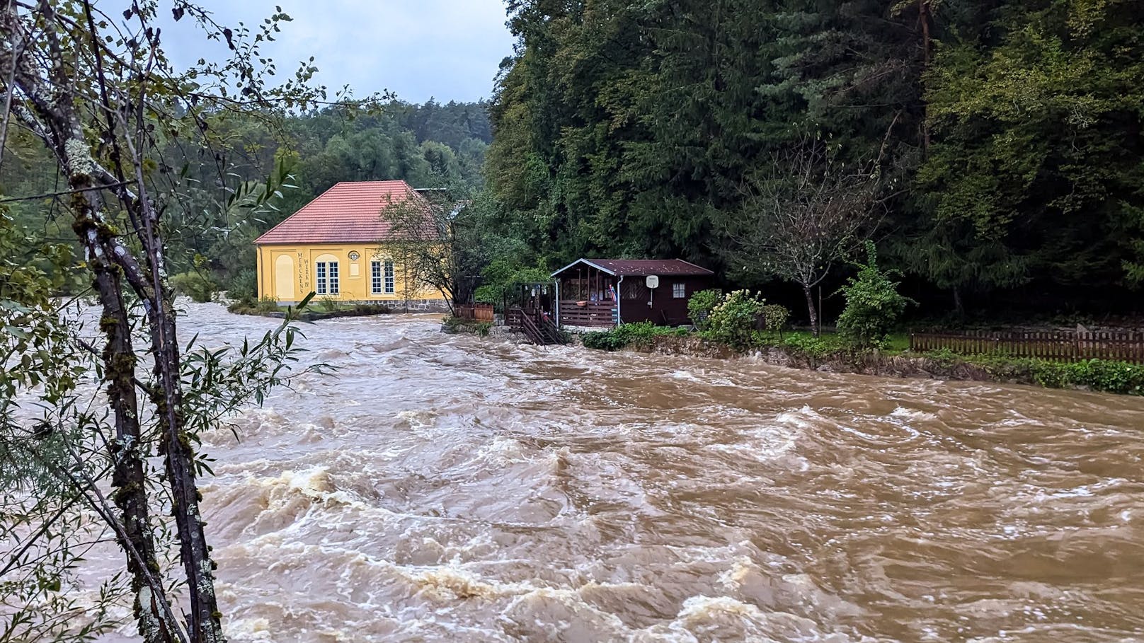 Die aktuelle Hochwasser-Lage an der Aist in Schwertberg (Bez. Perg).